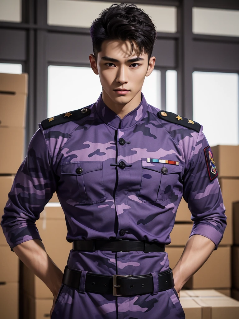 1 Handsome chinese slim guy, 20 years old, Hair combed smoothly, handsome purple soldier，Wearing a purple camouflage shirt，wearing purple military uniform, rugged purple soldier, Wear purple pattern camouflage clothing， majestic，Who is Shi Yu?, Li Yuanbin, Kim Hyung Tae, Kim Hyung Tae, Yin Shishan, Handsome Chinese muscular guy，Broad shoulders and narrow waist，A handsome man wearing a purple camouflage military uniform and a belt，Form-fitting fabric contours the bust，in a remote warehouse，hands tied behind back，Hands tied behind the back，hands tied behind back，Masculine and sexy，High，Muscles look good，hairy body，Wheat complexion，black eyes（thin eyes 1：3），whole body image