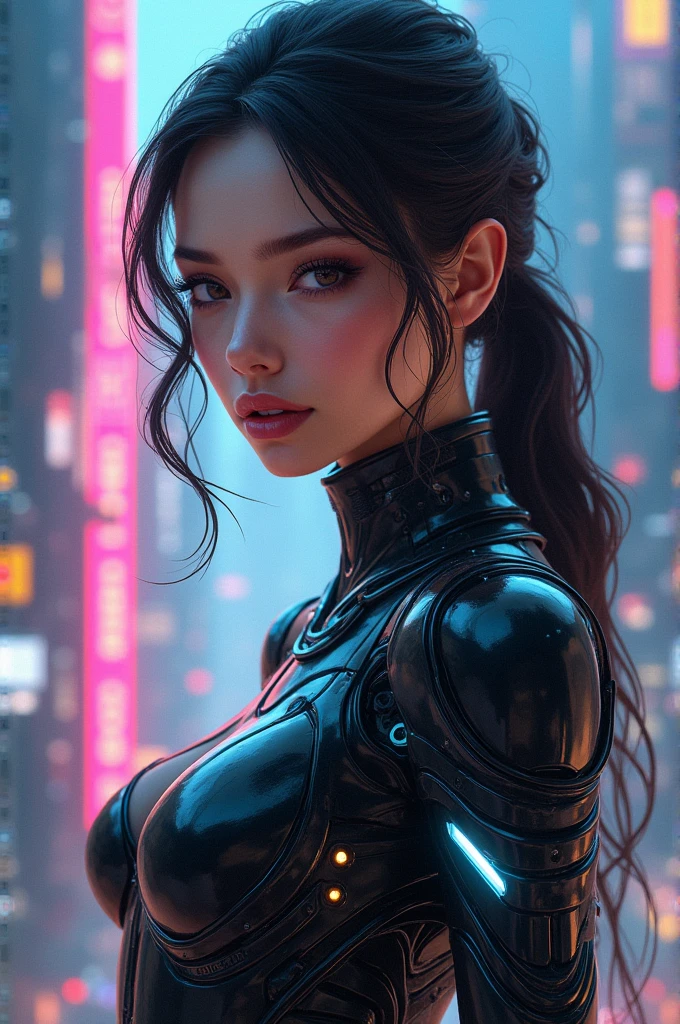 a painting of a woman with a futuristic face and a city in the background, art of alessandro pautasso, intricate digital painting, elaborate digital art, great digital art with details, tristan eaton, amazing detail digital art, dan mumford and alex grey style, digital intricate art, detailed art in color, tristan eaton's wallpaper, intricate oil painting artwork