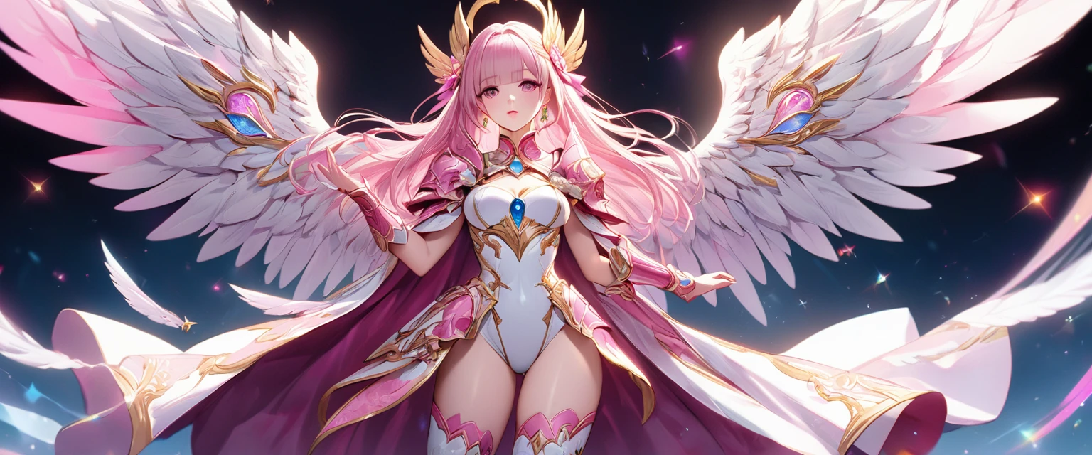 (adult:1.6), ((Best quality)), ((masterpiece)), ((highly intricate details)),beautiful, high quality, highres, absurdres, light difussion, intricately details, complex details, (masterpiece:1.2), (best quality:1.2), perfect face, perfect eyes, perfect lighting, shining lilac fireworks eyes,((gorgeous angel)), (with long flowing pink hair), angel, big feather pink wings, floating in the sky. bare foot, slender body, big breasts, goddess pink silver dress, off shoulders, egypt goddess, floating, night sky with stars and big moon, silver details in the face.