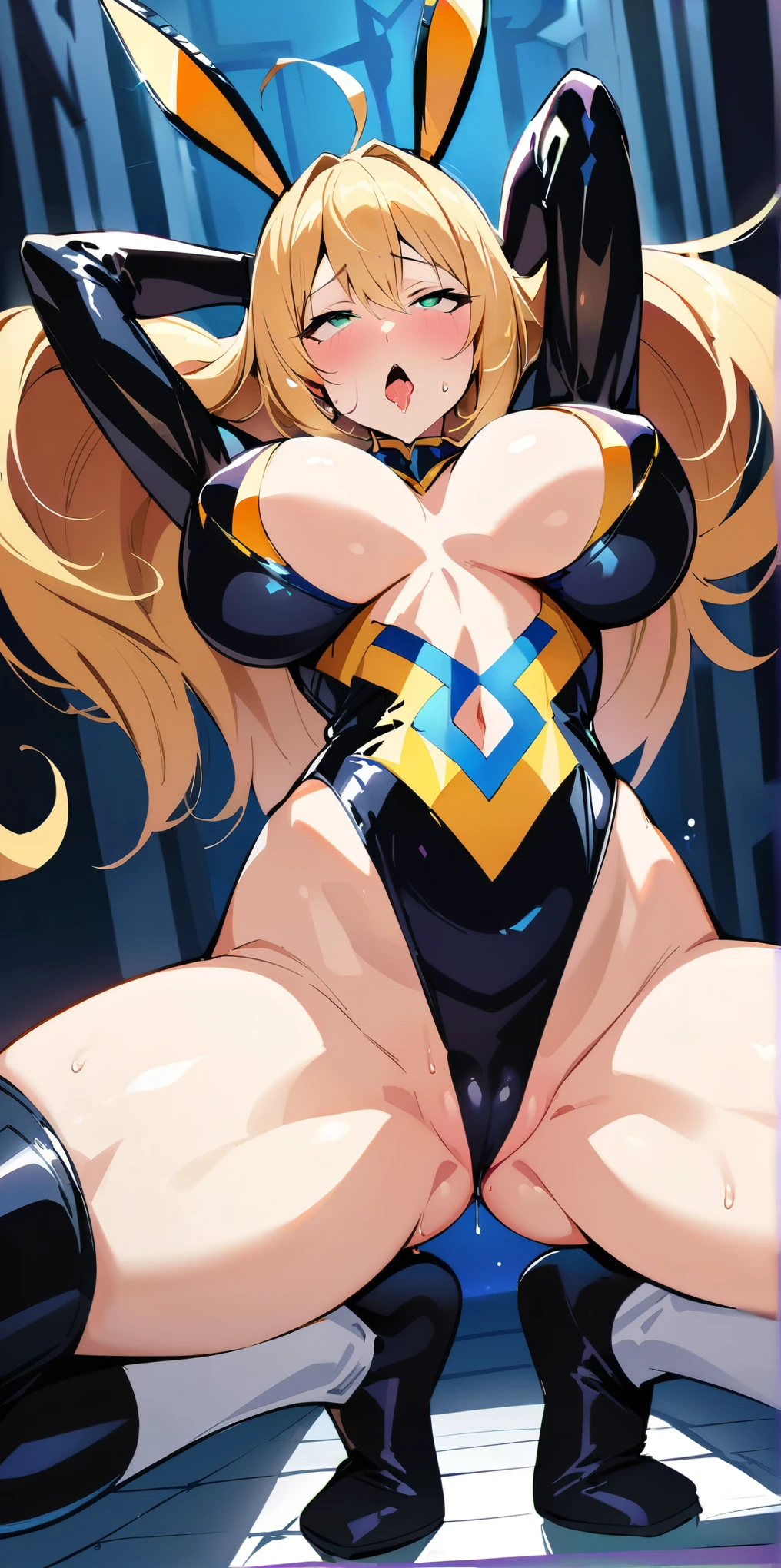 ((Highest quality)), ((masterpiece)), (detailed), Perfect Face、(((NSFW)))、Big Breasts、Squat、Leg spread、((M字Leg spread))、solo、From below the front、、Ahegao、Fold your arms behind your head、Artoria Pendragon(ruler)、High leg bunny suit、