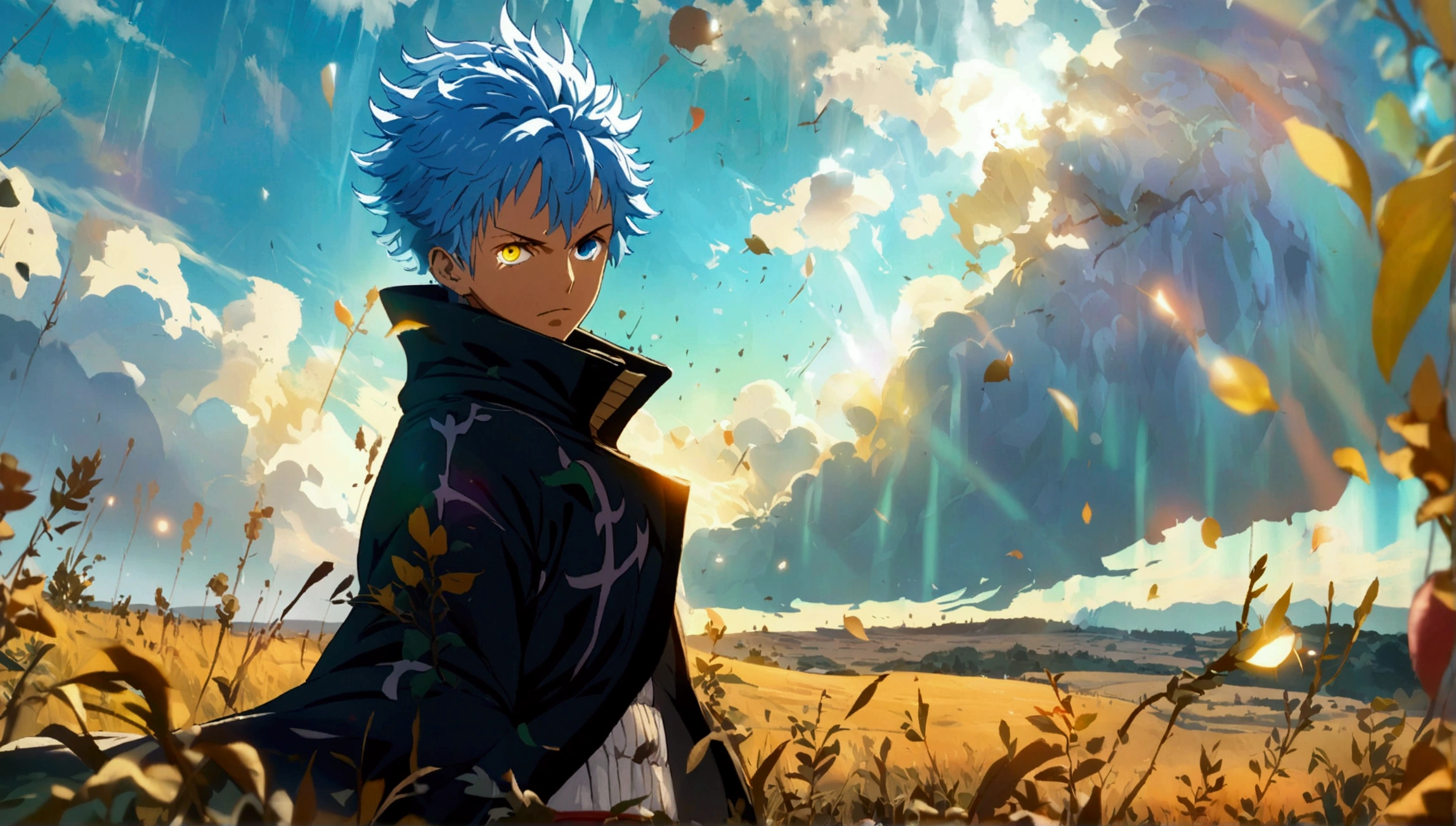 Boy with heretochromia, blue spiky hair, large coat with high collar, countryside scenery,"Anime character design inspired by One Piece, dramatic and impressive lighting, centralized character, impressive face, full of creative details, ultra-fine 2D design, scenery bathed in creativity, boasting 2D anime resolution clarity, HD anime graphics, high-octane rendering"