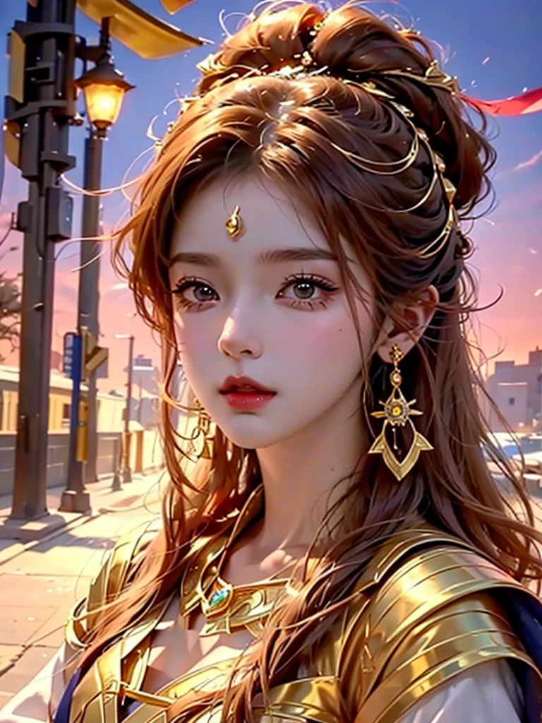 8k wallpaper of a beautiful anime girl wearing gold jewelry on the streets of a city in Western Sahara, Written by Artgerm, complex detail, trend on ArtStation, 8k, smooth movement, amazing shading