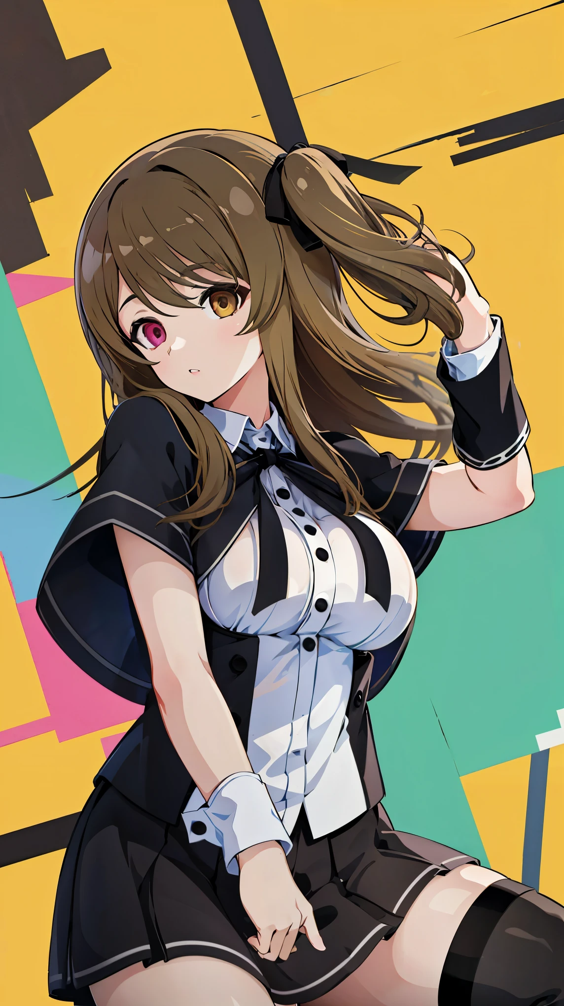 High resolution,masterpiece, Highest quality, Kuo Shenlin , heterochromia , Brown hair, (((busty))),1girl, sensual body, Her cheeks flushed ,blouse , blazer , skirt , school