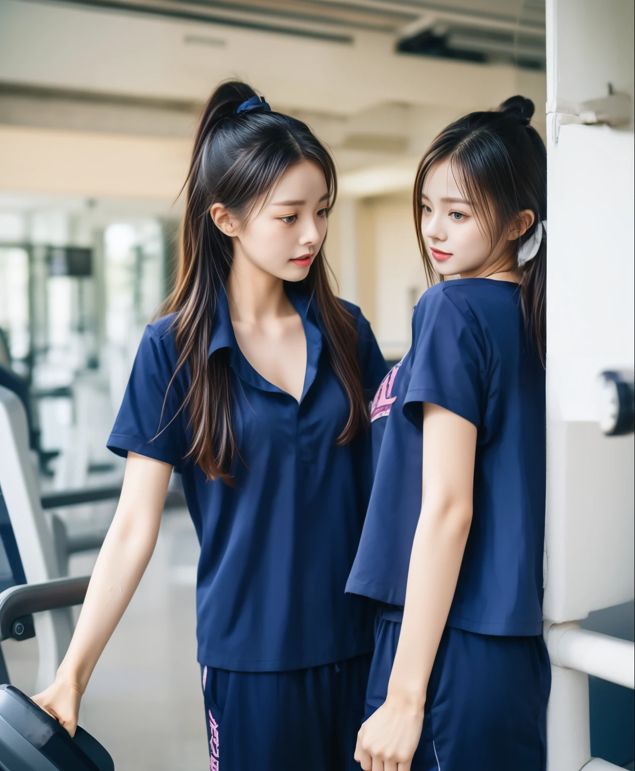 3 girls in fitness center, Navy blue short-sleeved shirt,Navy Long Trackpant,Sweatpants, Sweatpantsขายาว,25 year old girl, lesbian, sexy, exercise clothes, wet body, exercise clothes