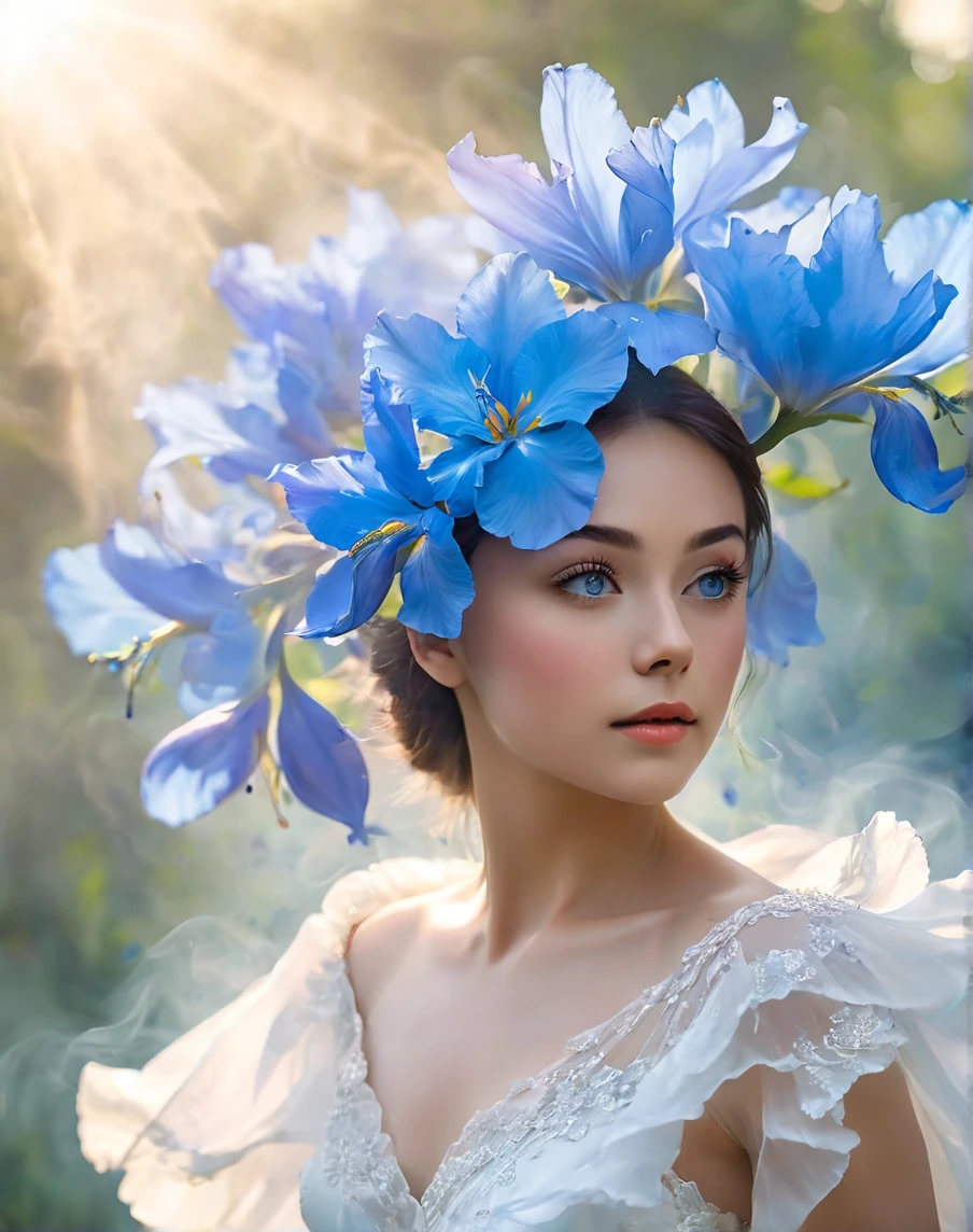  
full length, graceful figure, Beautiful legs, dance pose, brunette, Beautiful face,  light white tones, Esbian Full Body, White background, daylight, Efeito de Luz, minimalist, Solar, pure tenderness, soft lighting, Realism, woman, which (collarbone, shoulders) posing with his back (prays and stands) on a super-giant petal of a dark blue iris flower with double and long petals (petals made of thin, soft gauze cloth, full background of many flowing transparent blue petals, floating flower, in her hand there is a long stem above her head, huge giant blue iris flower, over her head,  Smoke effect, fog, mixed with blue iris petals), fluffy skirt made of blue iris flower petals,, ((ss-through)). ReV Animated