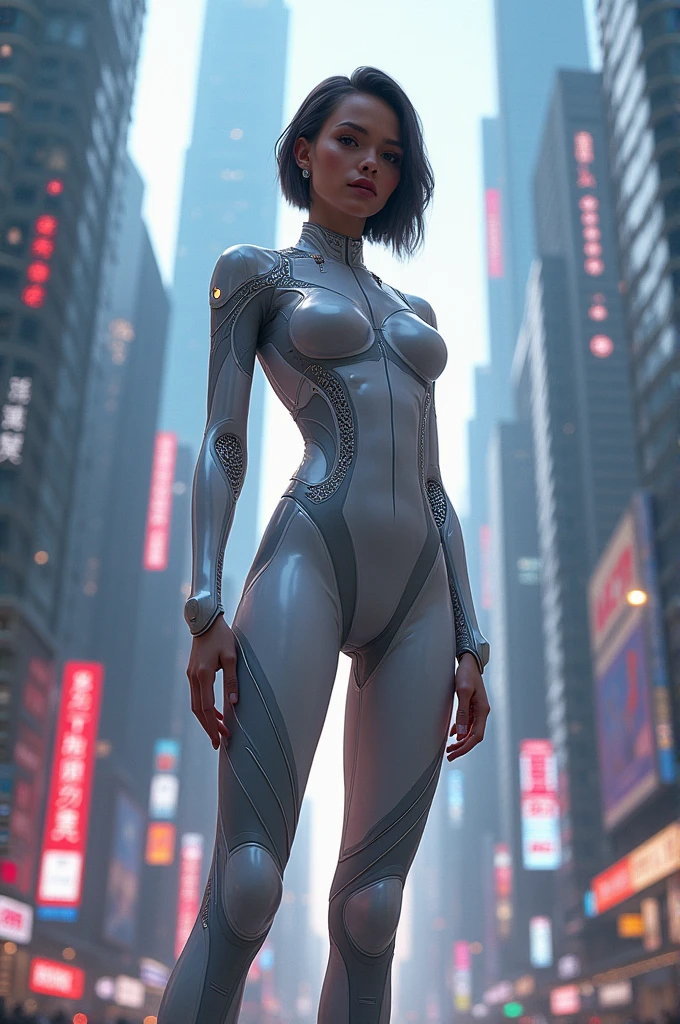 A woman in a futuristic suit posing in the city, cute