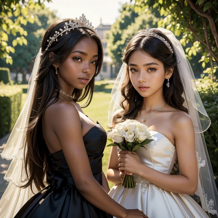 (​masterpiece, best quality:1.5), highest quality, High resolution, super detailed, Realists, Upper body photo of a black 14 year old flower girl, dark skin, detailed and beautiful eyes, beautiful detailed lips, very detailed eyes and face, longeyelashes, Young girl in a short dress made of shiny satin fabric, Beautiful and colorful makeup, elegant and noble々Pose,shiny satin headband, grind, Holding flowers, Gardens as background, soft daylight, bright colors, fine brushstrokes, Portrait style, Noble details in the dress fabric, beautiful color palette, glowing skin, First-class rendering, that captures every detail, enchanting atmosphere, subtle shadows and lights, (perfect anatomy:1.2), (The two stunning flower girls carry pillows with wedding rings on them. (magnificent panorama view:1.2)