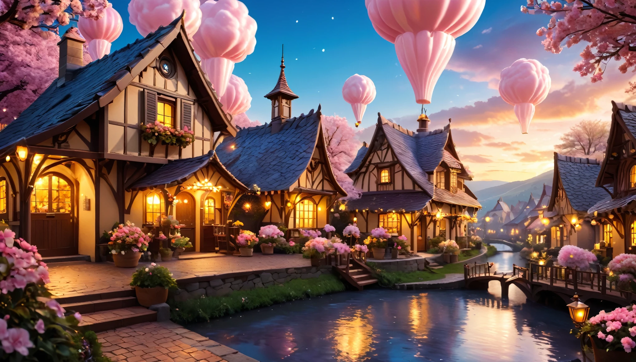 (ultra-detailed,realistic:1.37),(best quality,4k,8k,highres,masterpiece:1.2),landscape,Chocolateland village,sweet,magical,cozy,flavorful,delicious,beautifully decorated chocolate cottages,winding river,tempting chocolate fountains,various chocolate sculptures,blossoming cocoa trees, golden sunsets,luscious candy flowers,pathways,sparkling chocolate waterfalls,fairy lights illuminating the village,cotton candy clouds floating in the sky,unforgettable chocolate adventures.