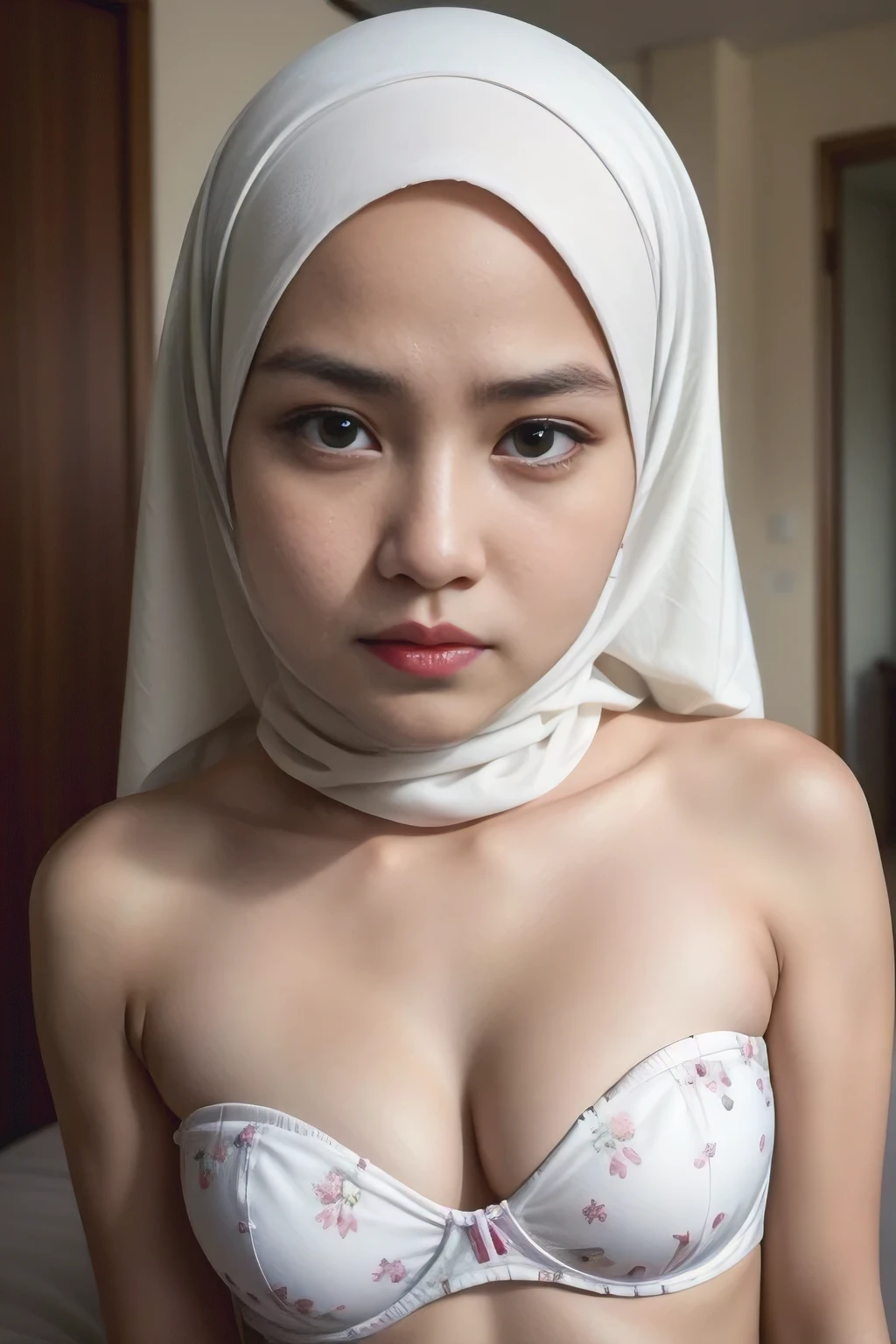 (Angry expression), (((HIJAB MALAY GIRL))), masutepiece, High quality, UHD 32K, Realistic face, Realistic skin feeling , A Japanese Lady, , , Very cute and baby-like face, (((FLAT CHEST))), (MATRIX WORLD), ((look In front at the camera and SADNESS)), ((())), (((CUTE GIRL))), ((WHITE LIPS)), ((Floral Pattern)) little wearing strapless bra, strapless colorful bra
