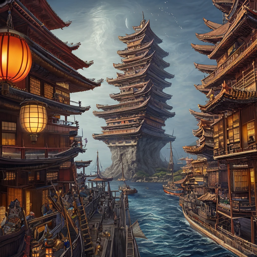 High resolution, Japanese-style streetscape, steep cliff, wooden scaffolding on which Japanese-style buildings are built into the rock face, Japanese-style buildings embedded into the side from the chimneys of the frontier, gorgeous, the huge Japanese-style building is a trading post at the port, a large ship in the sea on the right, the decorations of the ship are flashy, many boats in the distant sea, grand, fantasy, realistic, lanterns in the mist, lights coming from the shoji screens, a vibrant ancient city, Japanese-style, many overlapping tile roofs, unstable Japanese-style architecture, unstable terrain, port town, sailing ship