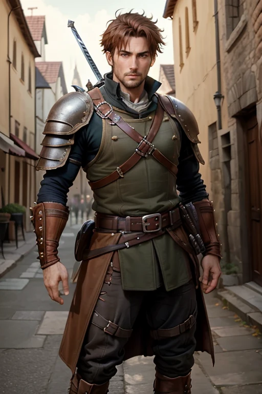 35 year old man with short spiky reddish brown hair, messy fringe hairstyle, medieval hunter clothing, brown eyes holding a sword muscular build, brown leather belt, brown leather belt boots, medieval city background with magic symbols