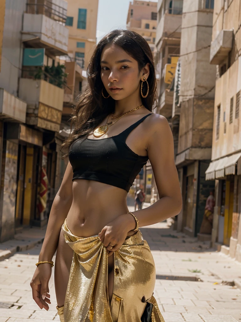 8k wallpaper of a beautiful anime girl wearing gold jewelry on the streets of a city in Western Sahara, Written by Artgerm, complex detail, trend on ArtStation, 8k, smooth movement, amazing shading