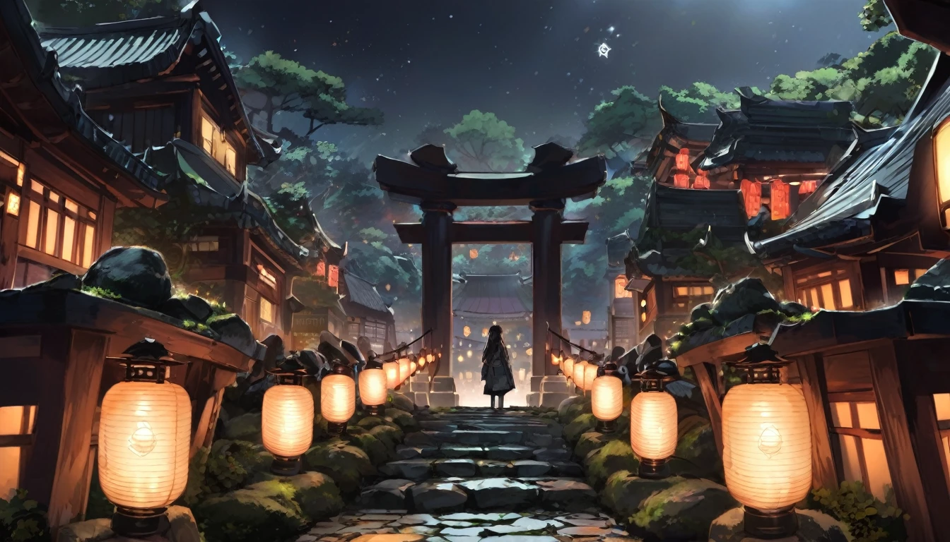 Under the dark night sky、A portrait of Abe no Seimei with a solemn expression、A pentagram with a cold light shining behind it、Old shrine background、Mossy stone pavement and rows of lanterns