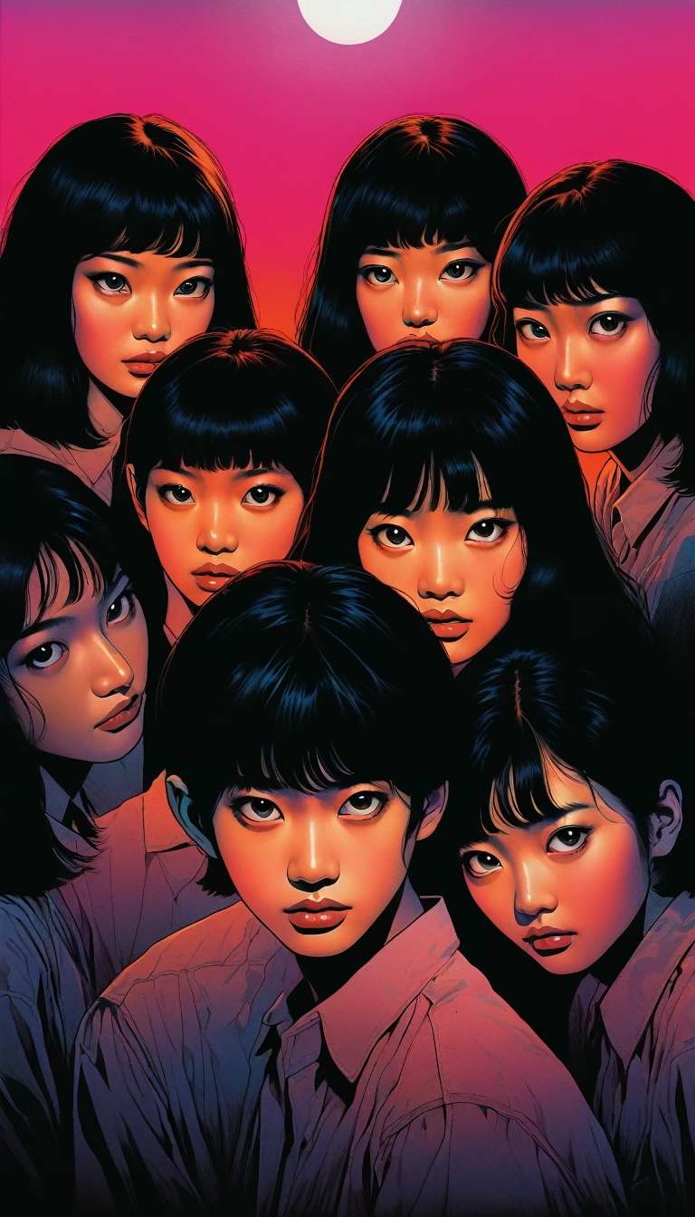 An illustration、art、80s Thai horror movie poster, Supervised by Junji Ito、(ring:1.0)、evening、Attention to detail, Realistic Shadows、Analog Style, chromatic aberration, Surrealism、Complementary Gradient