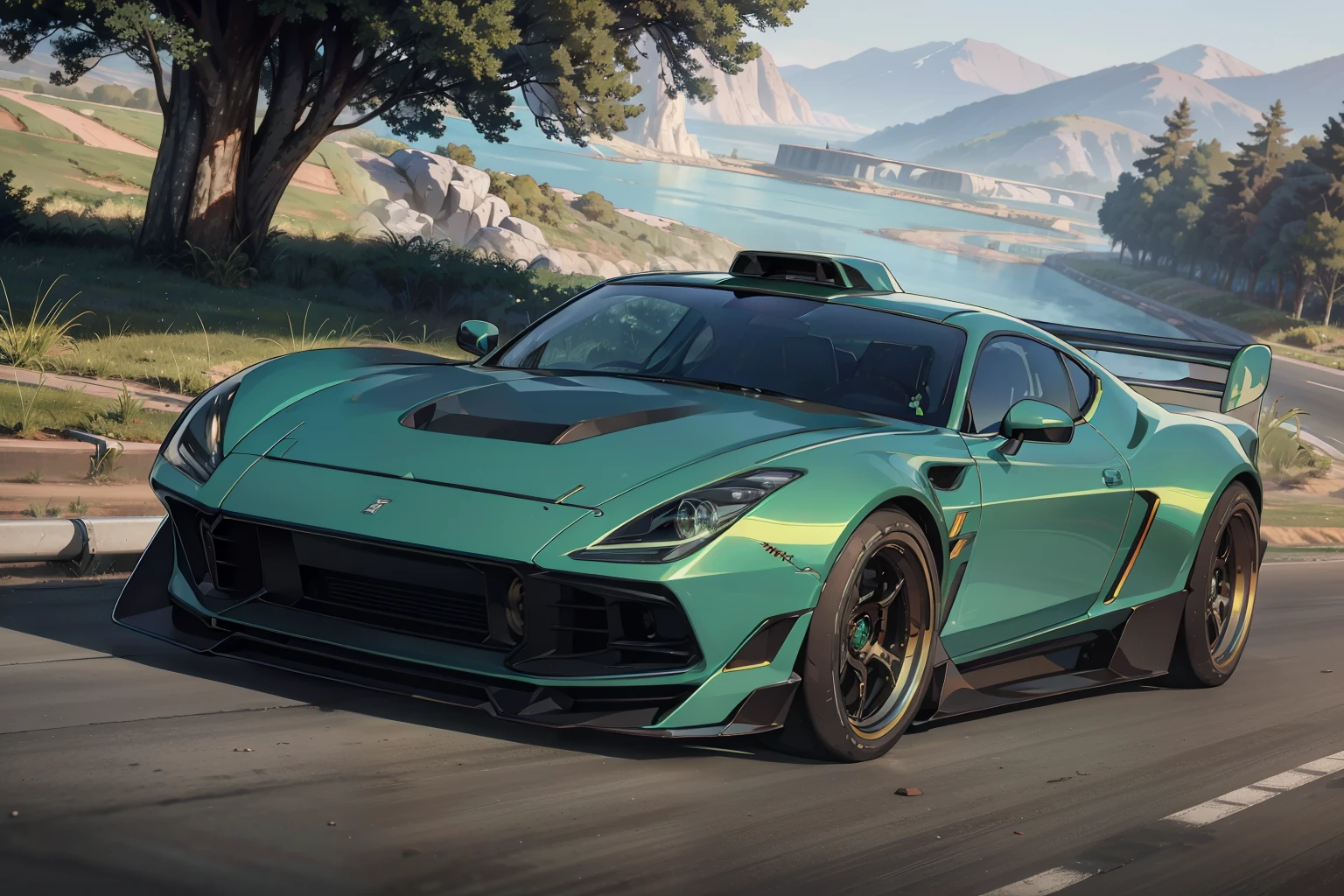 Highres, Masterpiece, best quality, Green super car, Cyberpunk, (Hotrod zeekars), (with glowing rims), wide tires, at the parking lot, no human in background, trees in background, dirt on land, grass on land, no road, afternoon, blue sky, front view, only one car, 1car, Uhd