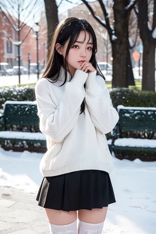 An ordinary-looking girl who looks pretty cute.Height is about 165cm.Has shoulder-length black hair.Wearing a white pullover sweater.Wearing thick stockings and short skirt on the lower body.Standing in the snow in Park Square.Put your hands together in front of your nose and breathe out.