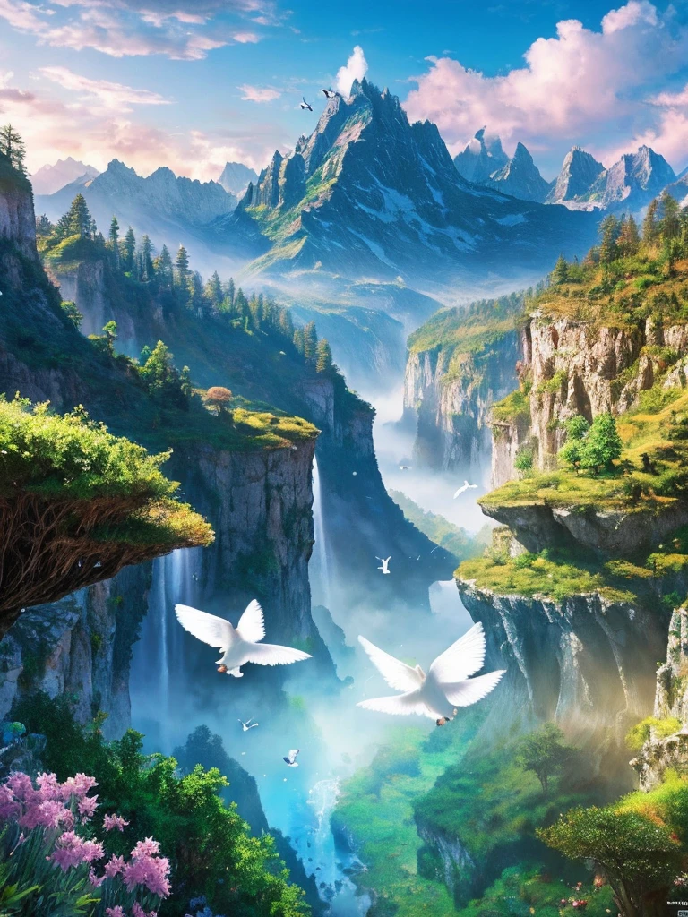 masterpiece, 最high quality, high quality,Very detailed CG unity 8k wallpaper, Enchanting and dreamy fantasy forest scenery, Seven-Colored Garden, Valley of the Fairies with a River Flowing Through It, Mysterious and fascinating, Sky Blue Sky, White dove flies, Complex, sunset, pastel colour, Award-winning photography, Written boundary depth, High resolution, bloom, chromatic aberration ,Realistic,Very detailed, White cloud, Trending on CGSociety, Complex, Attention to detail, dramatic, art：The middle of a journey