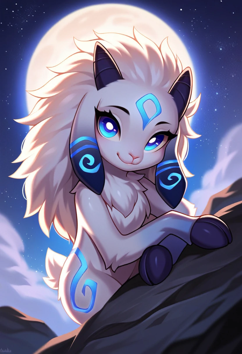 score_9, score_8_up, score_7_up, score_6_up, score_5_up, score_4_up, detailed background, outside, night, starry sky, rock BREAK
lamb \(lol\), (kindred \(lol\):0.8), white body, white fur, white face, floppy ears, looking at viewer, blue eyes, smile, sitting