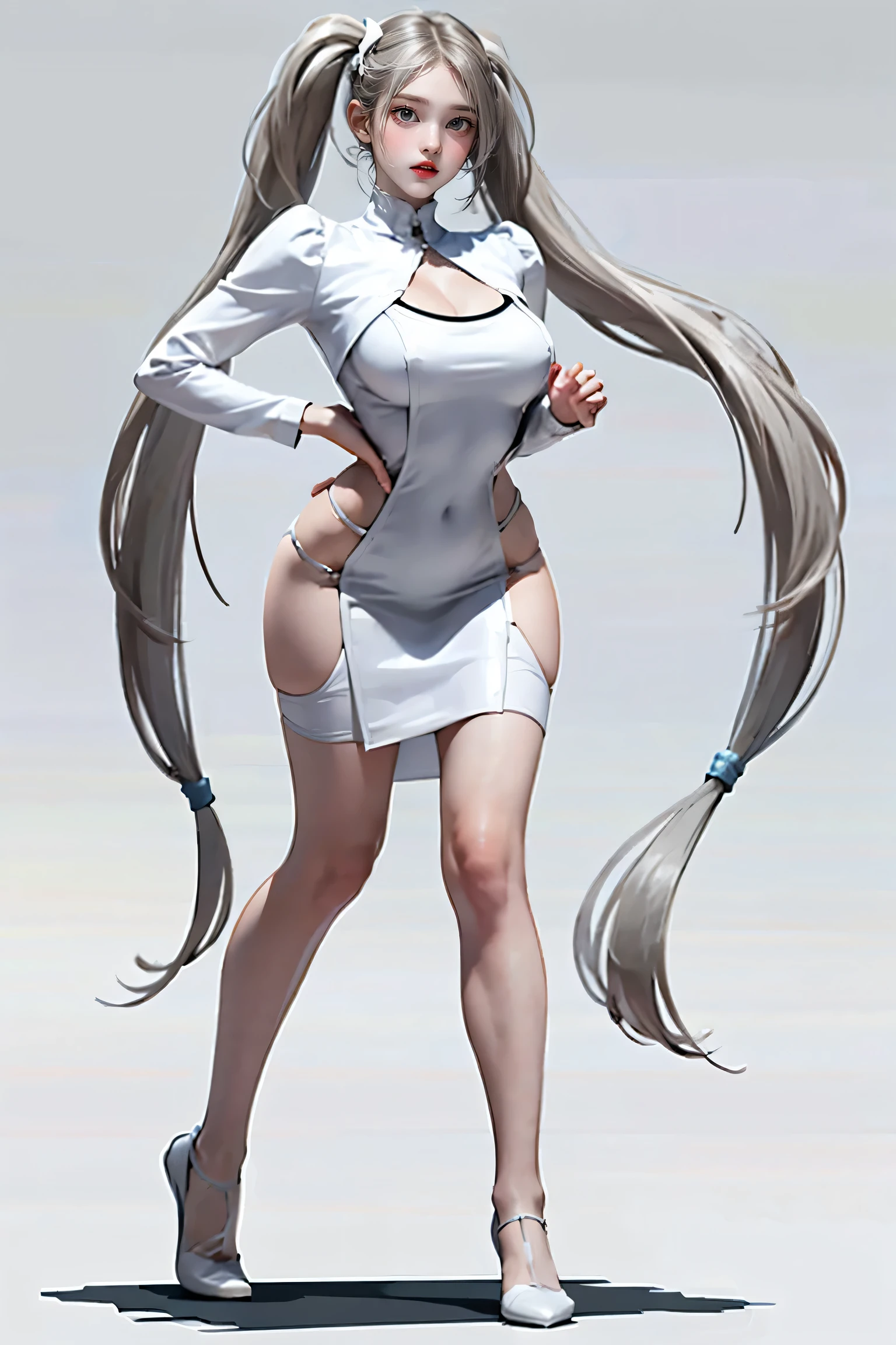 Masters of Animation, A perfect masterpiece, On a snow-white background、Cool outfits, Sexy and modern clothing、Sexy mature modern woman standing, Flowing silver hair, Twin tails,Full Body Stand Posture, Thin legs, Large Breasts, Detailed facial details, Natural and beautiful standing posture, Crisp and realistic body detail,(NSFW:0.9)
