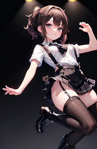 Brown Hair、Staring at the audience　　　Black suspenders　　　bulging big breasts　　 　 　　　wall: 　Black mini skirt　garter　　　　　　sight　　　Small face　Bans 　　　holster　　　Beautiful woman　　Show your hand　　レッグholster ベッドに横たわる　　sight 　Black boots  shot　Taunt　side　side汗　I 　arm