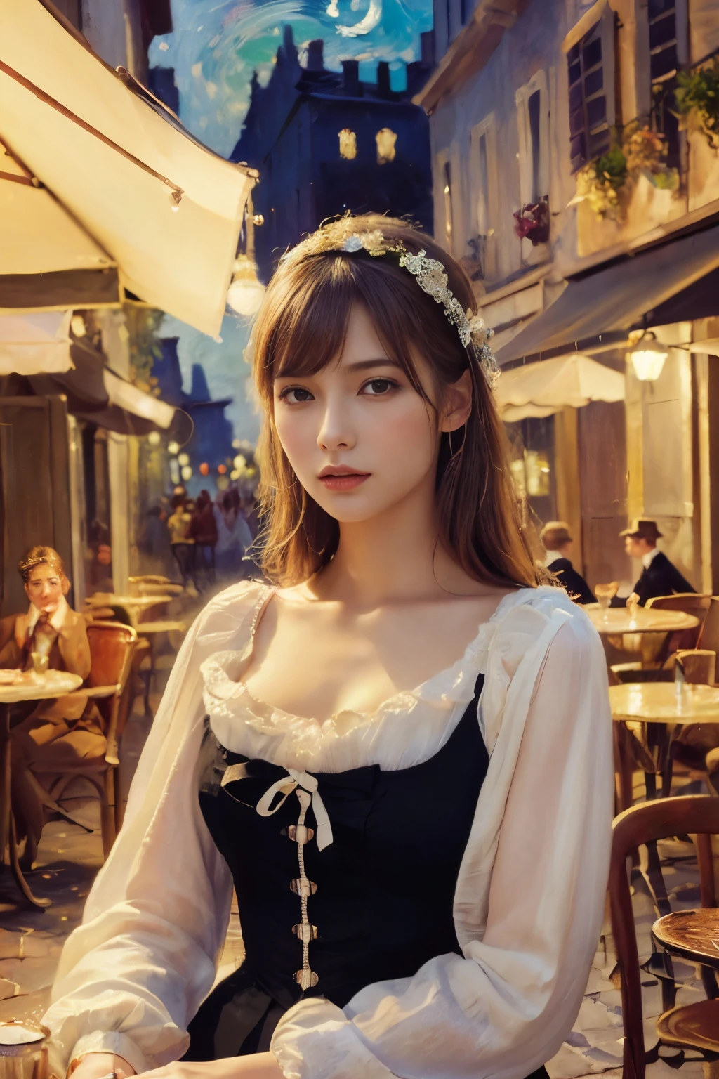((masterpiece:1.4, Highest quality)), (Realistic photos:1.4), (artwork),
((1 girl)), (Otherworldly beauty), (dream-like), ((1 girl, Realistic photos)),
(超High resolution:1.2), Very delicate and beautiful, wonderful, Very detailed CG Unity 8k wall paper, Very detailed, High resolution,
Soft Light, Beautiful detailed girl, Very detailed eyes and face, Beautiful and detailed nose, Beautiful and detailed,
(Dressed in late 19th century French costume:1.3), (In front of the cafe at night:1.3),1 (Sitting:1.2),
Cinema Lighting, Perfect Anatomy, Slender body, (Parted bangs),
(The world of impressionist painting:1.5), (Impressionist light and colour), (「Cafe terrace at night」),
Cowboy Shot
