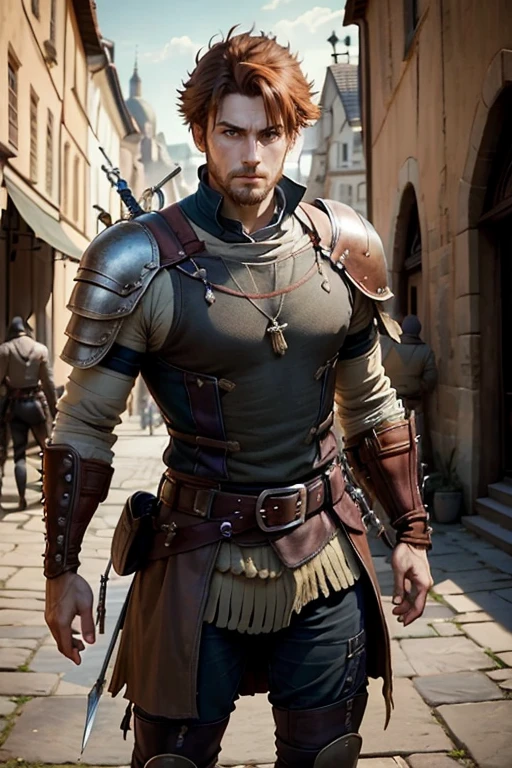 35 year old man with short spiky reddish brown hair, messy fringe hairstyle, medieval hunter clothing, brown eyes holding a sword muscular build, brown leather belt, brown leather belt boots, medieval city background with magic symbols