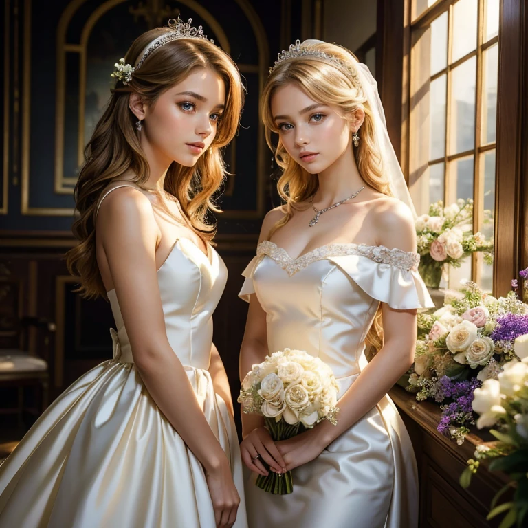 (masterpiece, best quality:1.5), highest quality, High resolution, super detailed, Realists, Upper body photo of a blonde 14 year old flower girl, dark skin, detailed and beautiful eyes, beautiful detailed lips, very detailed eyes and face, longeyelashes, Young girl in a short dress made of shiny satin fabric, Beautiful and colorful makeup, elegant and noble々Pose,shiny satin headband, grind, Holding flowers, Gardens as background, soft daylight, bright colors, fine brushstrokes, Portrait style, Noble details in the dress fabric, beautiful color palette, glowing skin, First-class rendering, that captures every detail, enchanting atmosphere, subtle shadows and lights, (perfect anatomy:1.2), (The two stunning flower girls carry pillows with wedding rings on them. (magnificent panorama view:1.2)