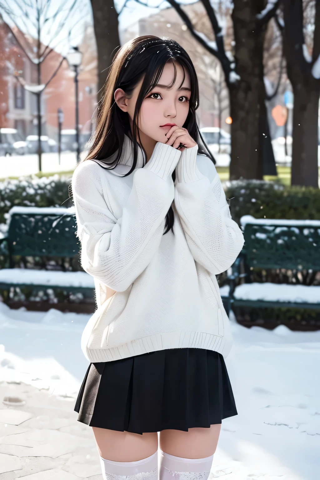 An ordinary-looking girl who looks pretty cute.Height is about 165cm.Has shoulder-length black hair.Wearing a white pullover sweater.Wearing thick stockings and short skirt on the lower body.Standing in the snow in Park Square.Put your hands together in front of your nose and breathe out.