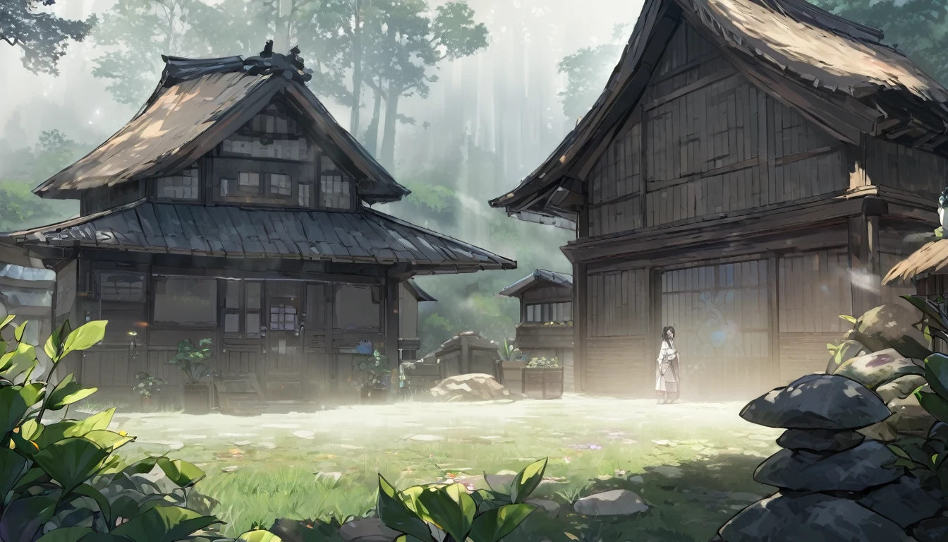 As the mist rolls in、Abe no Seimei, who uses the spiritual being Shikigami、In the background is an old house、Thatched roof and stone wall、There is a small pond in the garden、The fog is rolling in