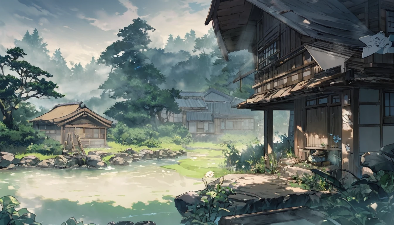 As the mist rolls in、Abe no Seimei, who uses the spiritual being Shikigami、In the background is an old house、Thatched roof and stone wall、There is a small pond in the garden、The fog is rolling in