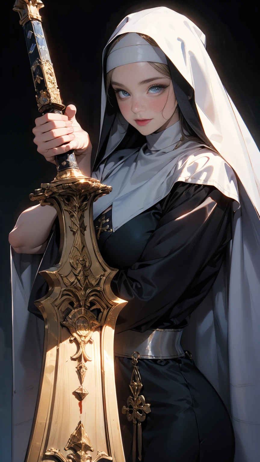 Fighting nuns、Holding a big sword、the whole body is covered in blood,、His clothes and face were stained with blood.、Smile、(Ultra-high resolution, 8K RAW Photos, Photorealistic, Thin contours), (Cinema Lighting, Fabric Shading), (Nun's hijab with gold accessories:1.3, Gold cross ornament), (Huge breasts, Saggy breasts, big , Cleavage), One girl, ((Mature Woman, Mature Woman:1.2)), 20-year-old, (Chest curtain:1.3, Long tight skirt with side slits), Mature saint praying at the altar of the church, Put your hands together in front of your chest, Kneel, Full Body Lesbian, Wearing religious uniform, blush, In the heat, Embarrassed, Looking at the audience, Blonde, At night, Clothes that show your body lines, (Dynamic Angle, From the bottom center), spiritual,