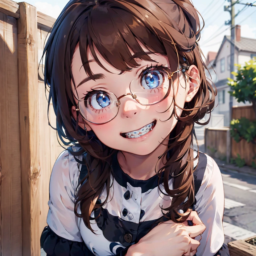 one girl, seductive eyes, blush, cute, blue eyes, brown hair, glasses, braces, smiling, face focus, best quality, masterpiece, highres