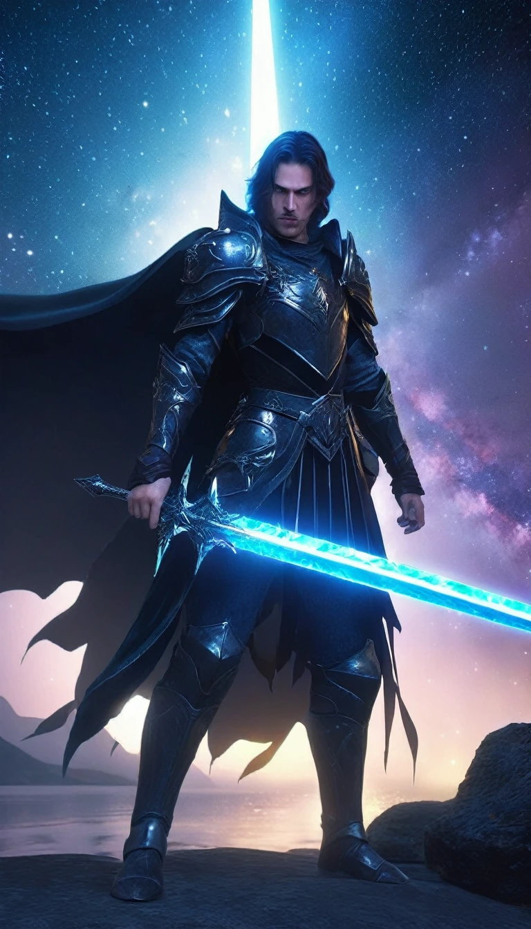 fantasy border, dark paladin with short wavy black hair and glowing white eyes, he is holding a long spear with a glowing blue blade, with a long black hilt in one hand and his other hand is hidden behind his cape, background of galaxies and the milky way in the night sky, his armor is dark and there is a black cape flowing behind him, his facial expression is of preparation to strike, but his mouth is closed. There is a large greatsword on his back, only the hilt is visible