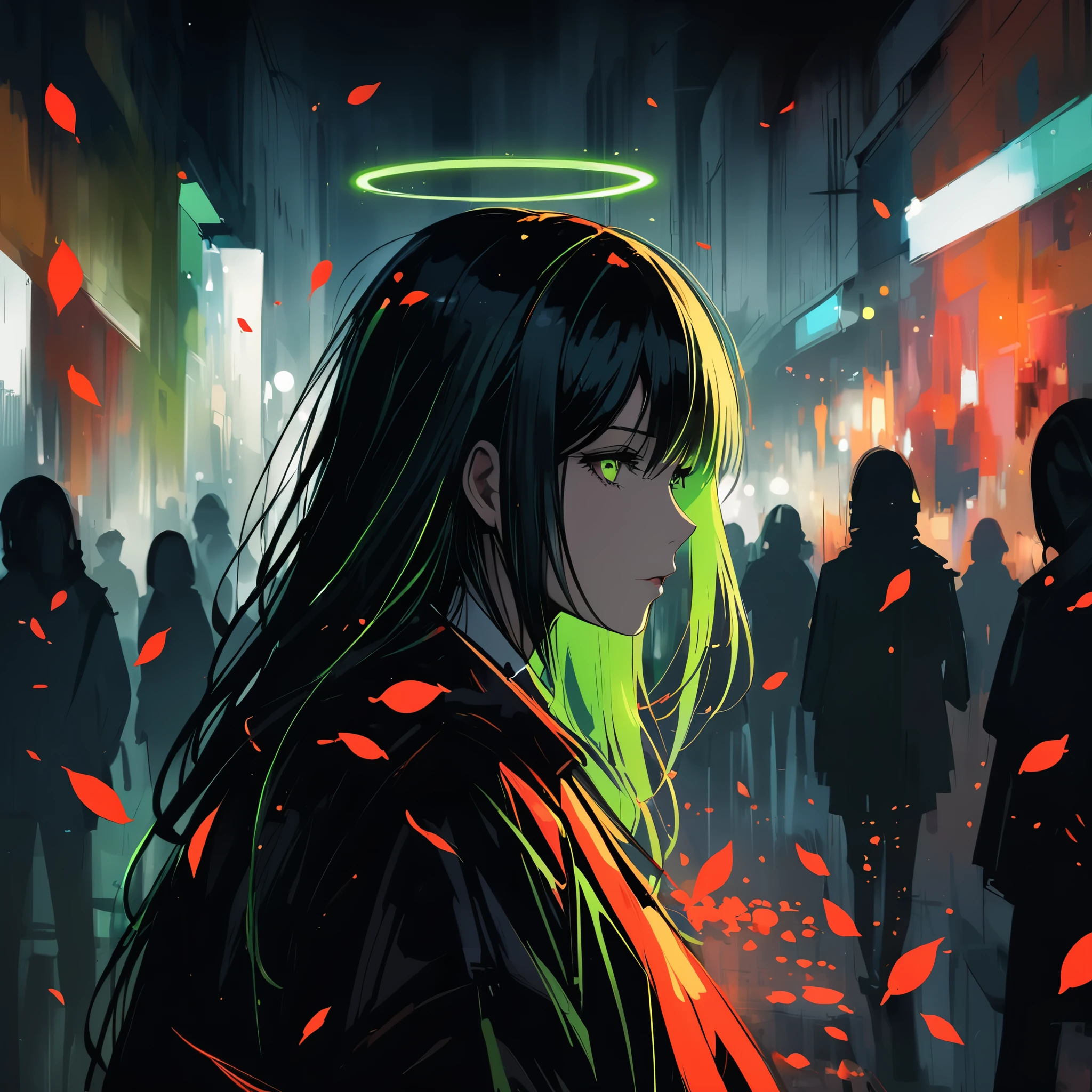 in style of Adrian Ghenie -【painting】-,in style of Andy Kehoe,in style of Arthur Wardle,in style of Belinda Lyon-【Thickly apply on fine hair】-
character concept design,1girl,(foreground blur, depth of field, background blur, dynamic blur:1.4),from_blow,extreme darkness,extreme shadow,fluorescent luminescent green light red halo and green wings,flying fluorescent petals