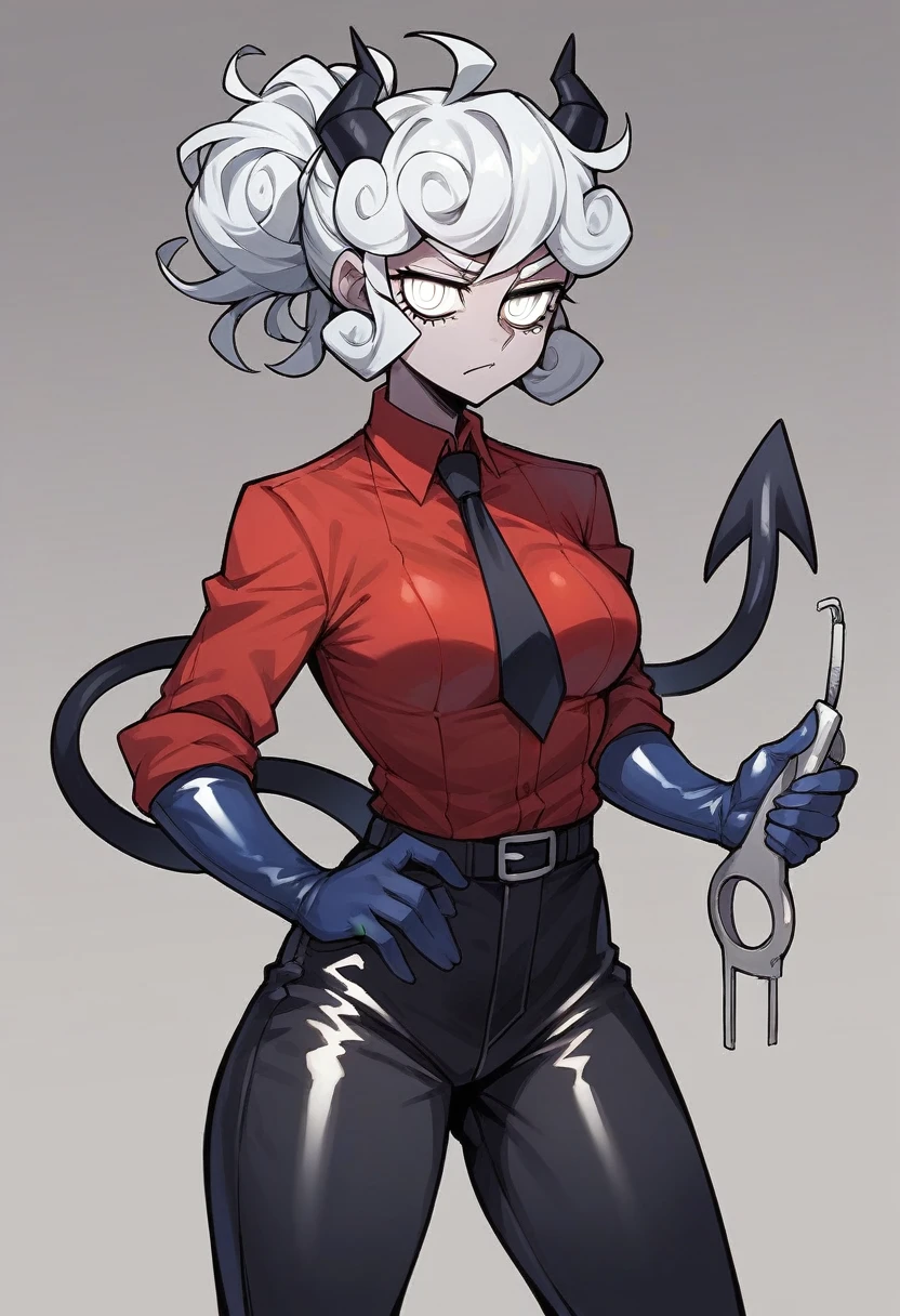 1girl, pandemonica \(helltaker\), ((blue elbow gloves)), ((surgical gloves)), ((latex gloves)), (red shirt), (((long sleeves))), (tie), (pants), looking at viewer, standing, solo
