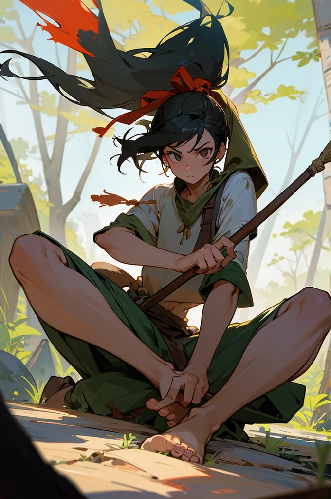 Best image quality, threaten, Holding a spear, primitive, Spread your legs, Primary forest, In underwear, ""Primitive clothing"", male, Black Hair, paint