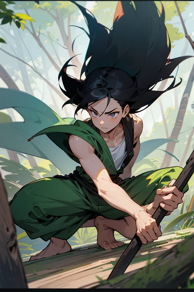 Best image quality, threaten, Holding a spear, primitive, Spread your legs, Primary forest, In underwear, ""Primitive clothing"", male, Black Hair, paint