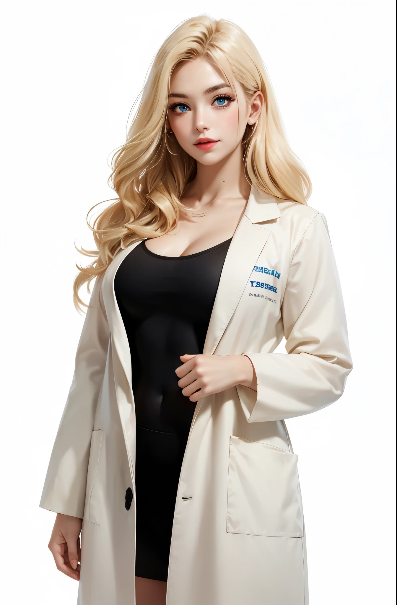 1 名girl, Cowboy shooting, tight skirt, Full lips, A pair of big clear eyes, 漂亮的金色Long hair, (complicated, Very detailed, 8K, masterpiece), Soft tones,blue eyes,Best quality image: full-body shot,blond,25岁阳光girl,(make up,Lipstick:1.5),fit、Sexy,Energetic and lovely,girl, 一个十九岁的欧洲girl, Solitary, Aesthetic Artwork, (blond:1.5), blond,Very beautiful face,(White skin:1.5),Long hair, Blue Eyes, Light blue eyes, , Pale skin, (Textured Skin, Skin pores:1.1), (Extremely detailed 8k wallpaper), Soft lighting, high quality, Film Grain, Fuji XT3 Clear focus, f 5.6, 50 mm, High Detail, Clear focus,(Natural light), 独奏,Chest,Experimental clothes,Long hair,Cleavage,Looking at the audience,大Chest,White background,Simple background,黑色tight skirt,Cowboy lens,coat,白色coat 疯狂的细节, Intricate details, Ultra Detailed,No shadow,Her smile is full of happiness and confidence,He stood on a clean, Neat background. Crisp image details,Relaxed and natural texture. The lighting is very cinematic, The soft and bright light shines on her beautiful face., Enhance the depth and dimension of your photos.