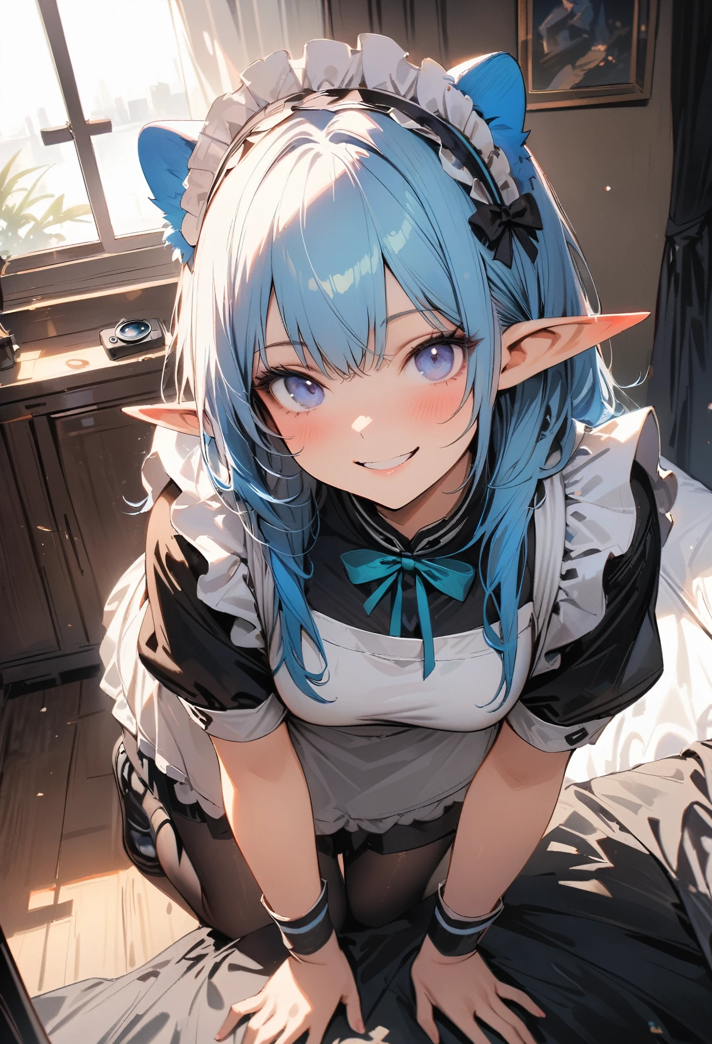 woman with blue hair, ((elf ears)), slight smile, slight blush, long hair, (extremely detailed face), full body, (looking into camera), (realistic camera angle), in bedroom, leaning towards camera, smiling, (((small black and white maid ourtfit))), small skirt, (((masterpiece))), (((ultra high quality, 8k)))