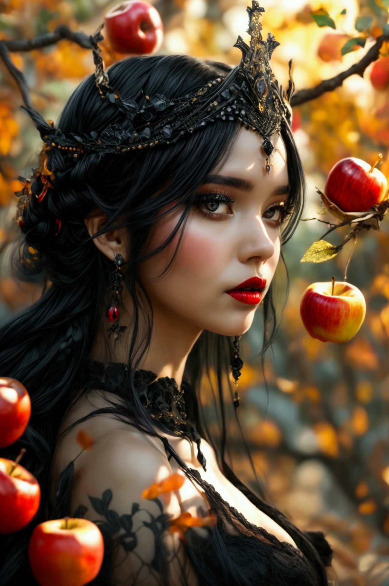 Girl,Black long hair,Black Queen,accessories,Apple in hand,Poison apples,Witch Queen,Red lipstick