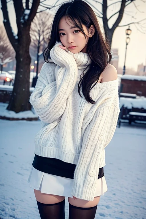 An ordinary-looking girl who looks pretty cute.Height is about 165cm.Has shoulder-length black hair.Wearing a white pullover sweater.Wearing thick stockings and short skirt on the lower body.Standing in the snow in Park Square.But I feel a little afraid of the cold in the cold wind.So she put her hands together in front of her nose and breathed to keep warm..