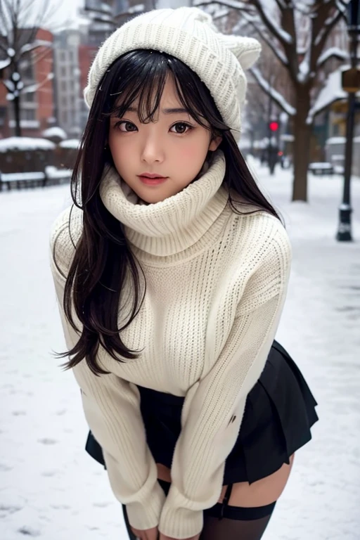 An ordinary-looking girl who looks pretty cute.Height is about 165cm.Has shoulder-length black hair.Wearing a white pullover sweater.Wearing thick stockings and short skirt on the lower body.Standing in the snow in Park Square.But I feel a little afraid of the cold in the cold wind.So she put her hands together in front of her nose and breathed to keep warm..