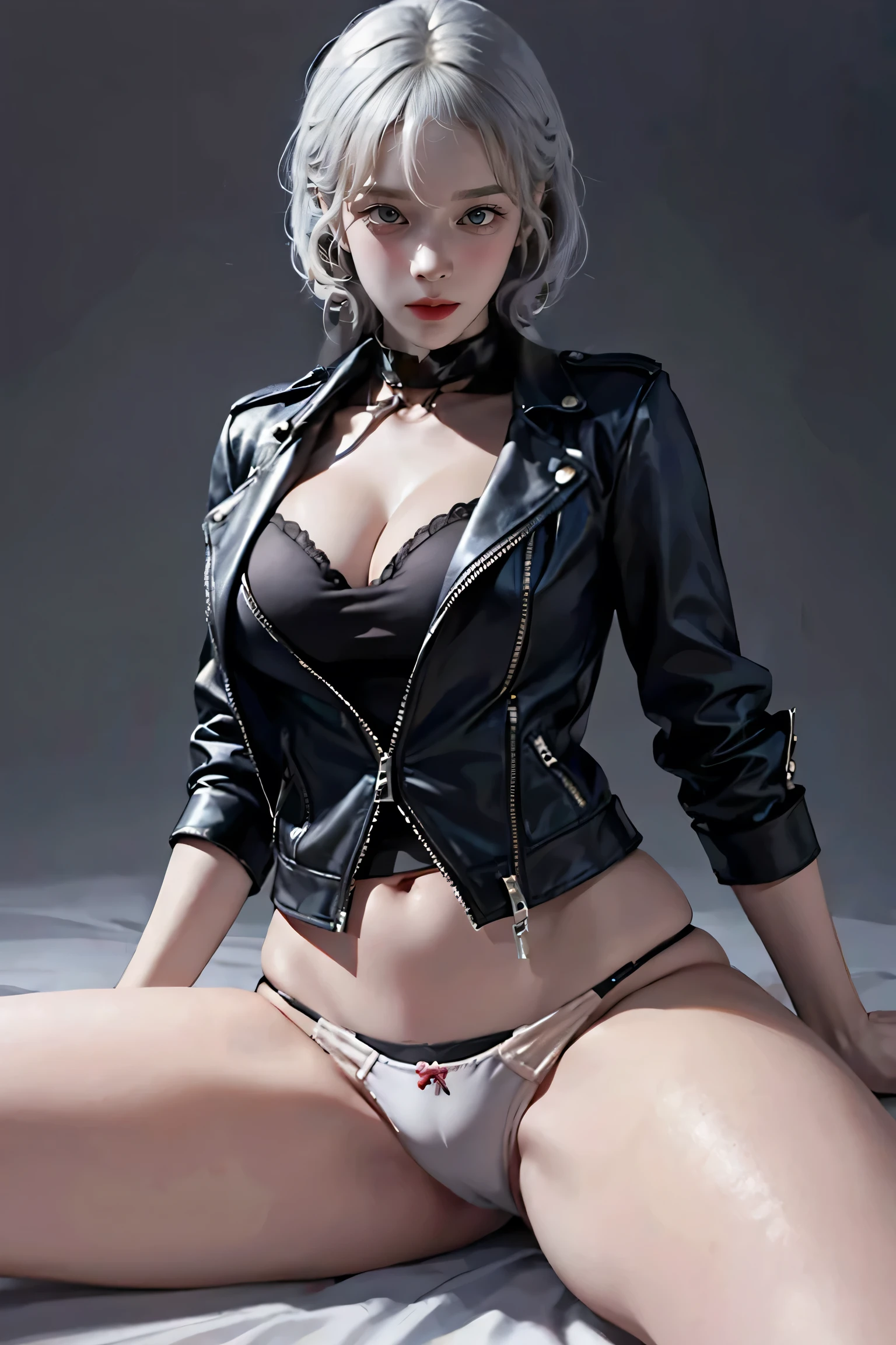(NSFW:1.2),(((Highest quality: 1.4))),(An unparalleled masterpiece), (Ultra-high resolution),(Ultra-realistic 8K CG), Official Art,(((Large Breasts))), (((Adult body))), (((Girl in a sexual position))), , Punk girl with a perfect body, Metallic spine jacket,Beautiful and well-groomed face,,Detailed punk fashion,leather jacket, (Head to thigh image),(( Silver Hair, length )), small leather panties, Simon Bisley'Urban Brutalist Style,London detailed street background,Beautiful Abs, Complex graphics, Deep pink and white stars、Grey and white striped poison tattoo )),