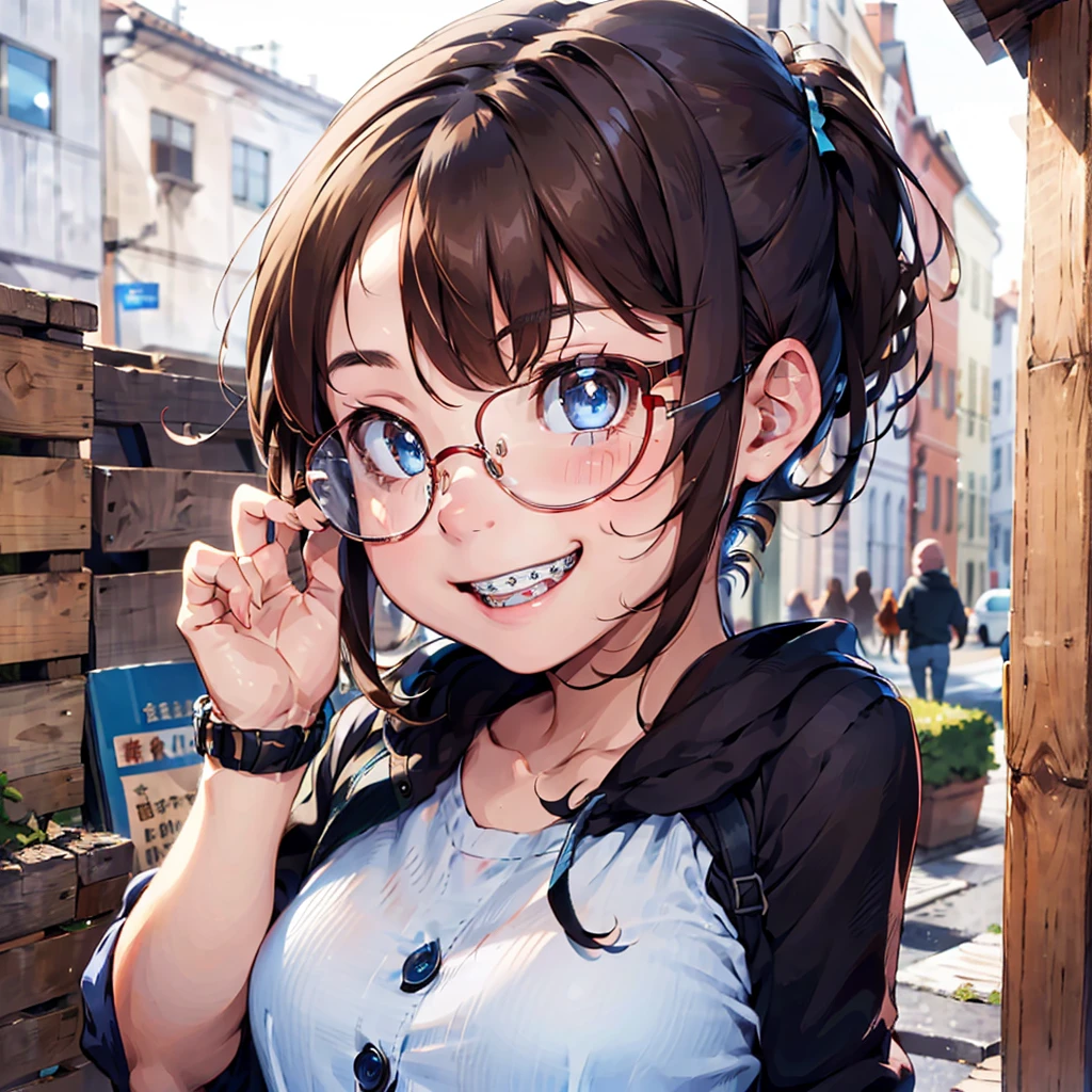 one girl, seductive eyes, blush, cute, blue eyes, brown hair, glasses, braces, smiling, face focus, best quality, masterpiece, highres