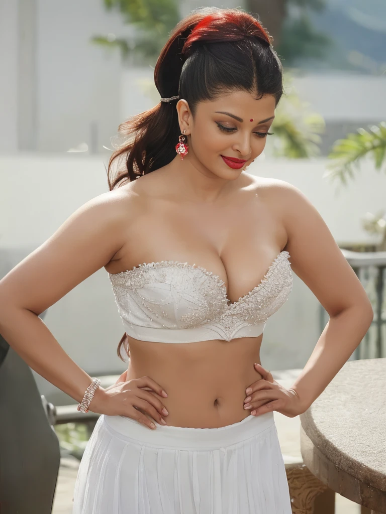 Full body photo of sexy 42 year old busty Aishwarya Rai Bachchan , ,red lipstick , deep cleavage, pony tail hair, , look at viewer and laughing (cinematic:1.3), intricate details, (ArtStation:1.2), wearing white bra and white short mini skirt , navel seen, legs seen and view from lower angle