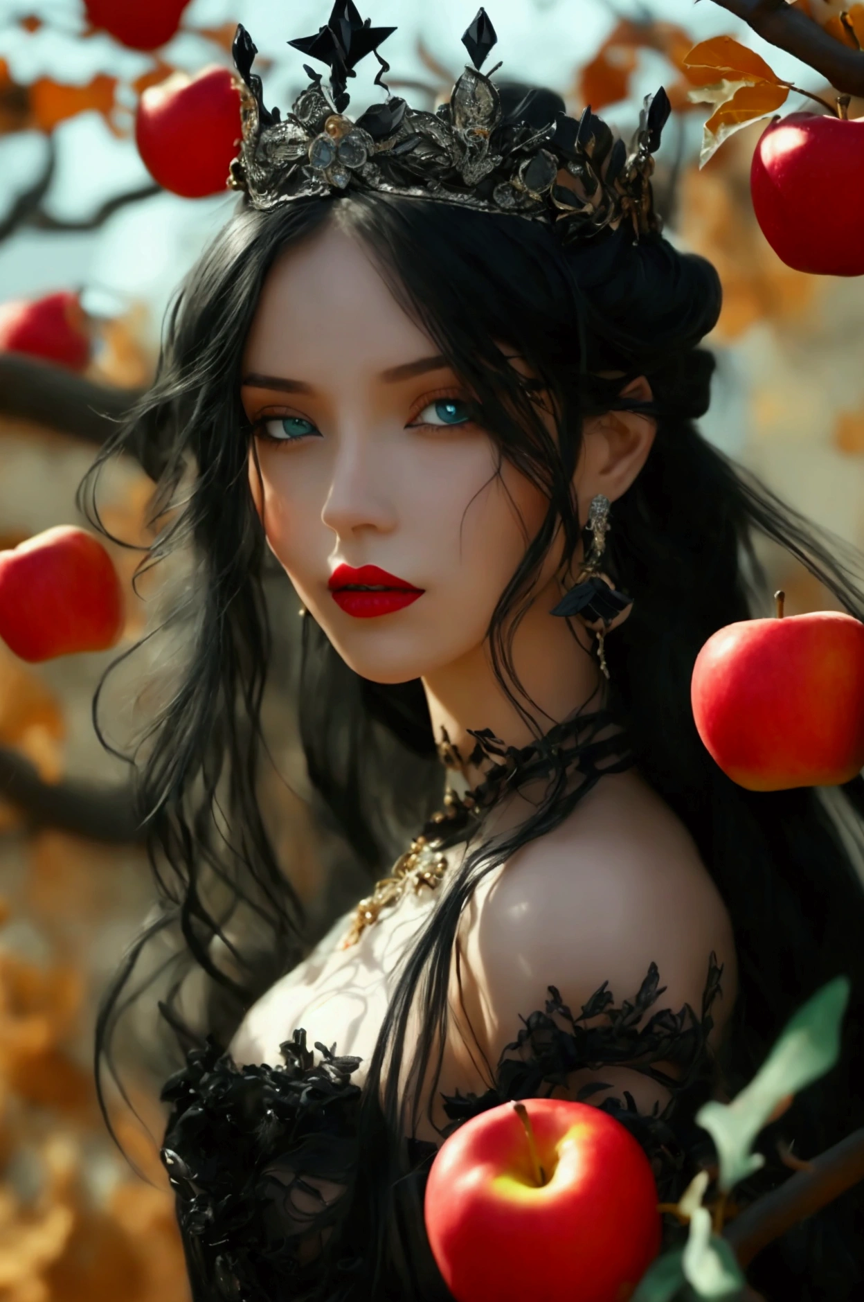 Girl,Black long hair，Black Queen，accessories，Apple in hand，Poison apples，Witch Queen，Red lipstick