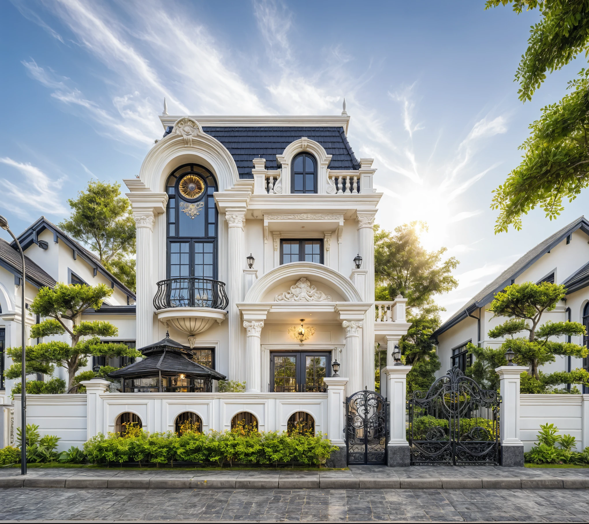 ((masterpiece)), (((best quality))), ((extremely detailed)), neo classical villa on street, white tone and dark roof, (gold detail:1.1), (Sunshine, cheerful, vibrant garden with blooming flowers, lush greenery, sun-drenched path, clear blue sky, joyful atmosphere:1.05)