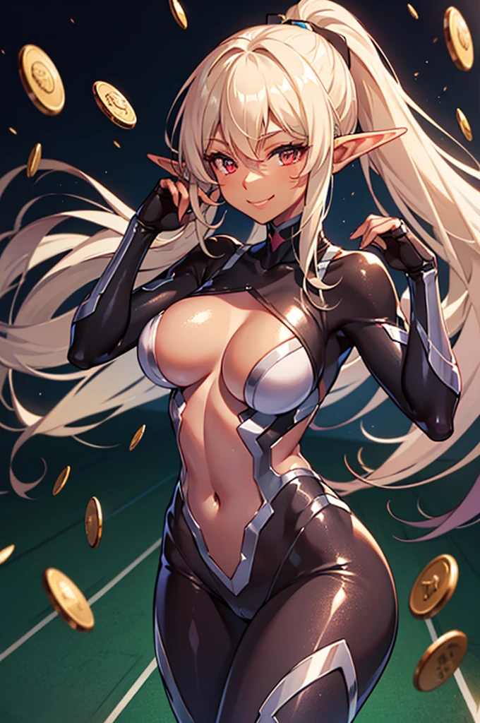 Beautiful images,Detailed Images,Official image,Casino Background,One Woman,Blonde,Red Eyes,Ponytail Hair,Model body type,(Dark Skin:1.3),Elf Ears,Large Breasts,(Black Taimanin Suit:1.1),Smile small,Fluttering coins