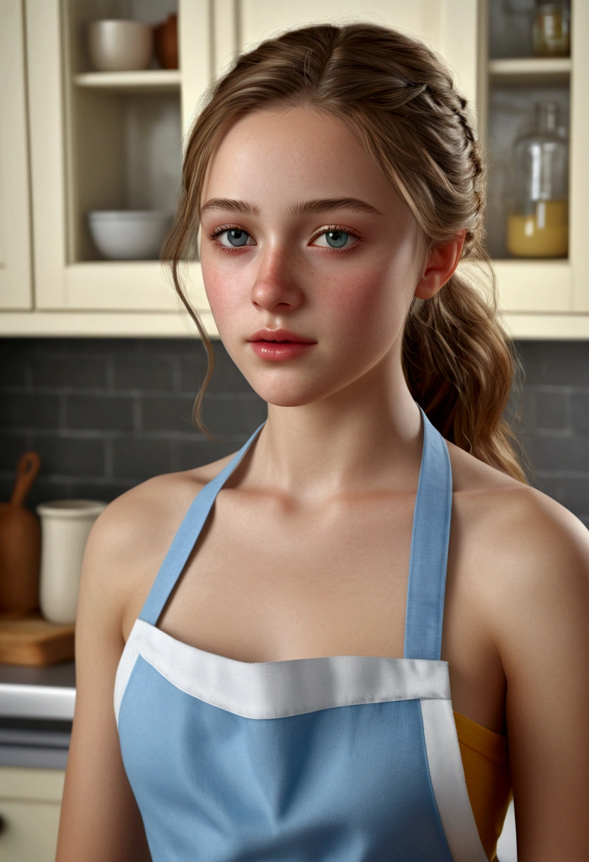 "(Highest quality,8k,High resolution,masterpiece:1.2),Very detailed,(Realistic,photoRealistic,photo-Realistic:1.37),Soft Focus,18-year-old,Beautiful and elaborate face,Detail View,Renaissance art,A delicate work of art,kitchen,kitchen apron,age Girl,Seductive lingerie,Gentle milk drips down my chest, Bright colors,Studio Lighting"