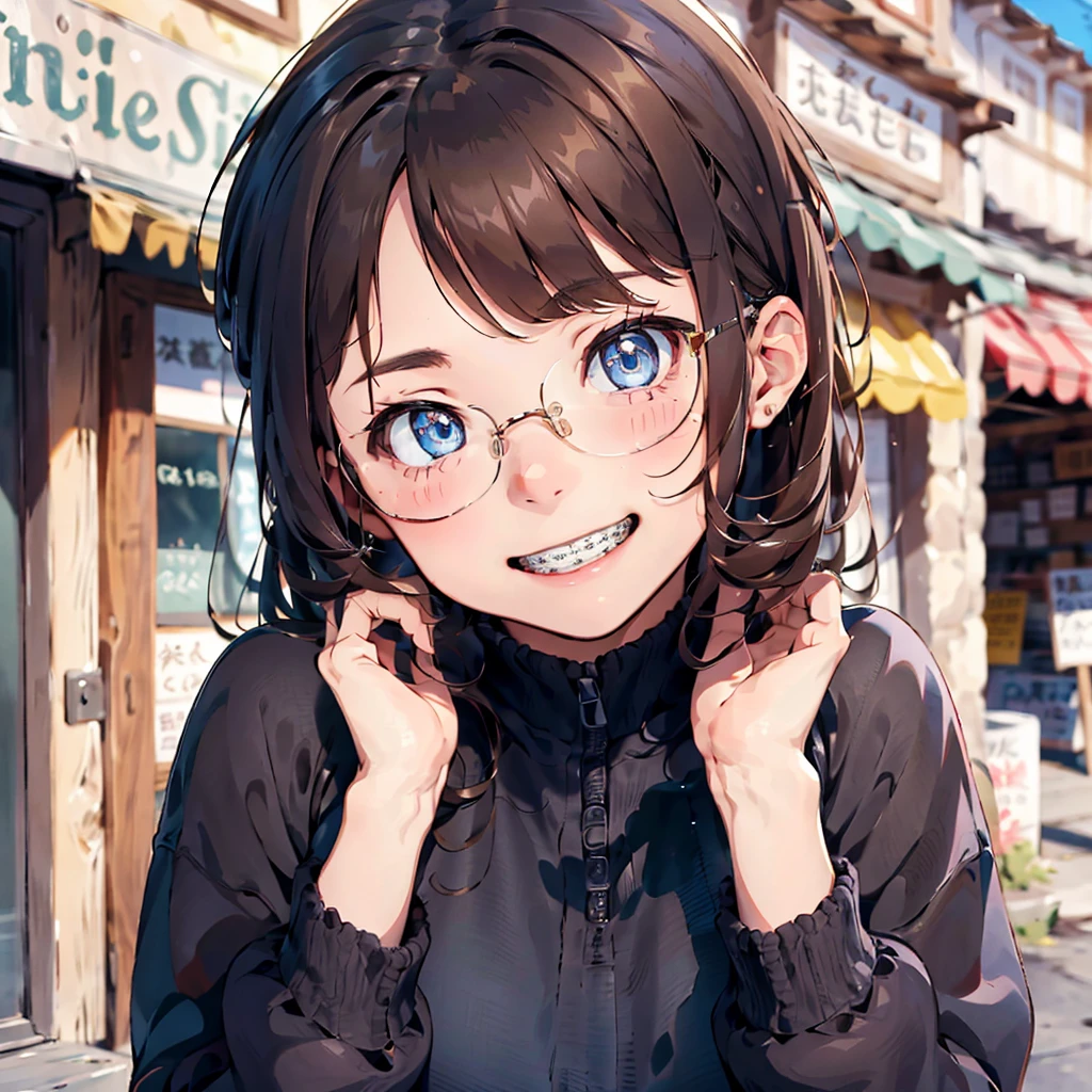 one girl, seductive eyes, blush, cute, blue eyes, brown hair, glasses, braces, smiling, face focus, best quality, masterpiece, highres